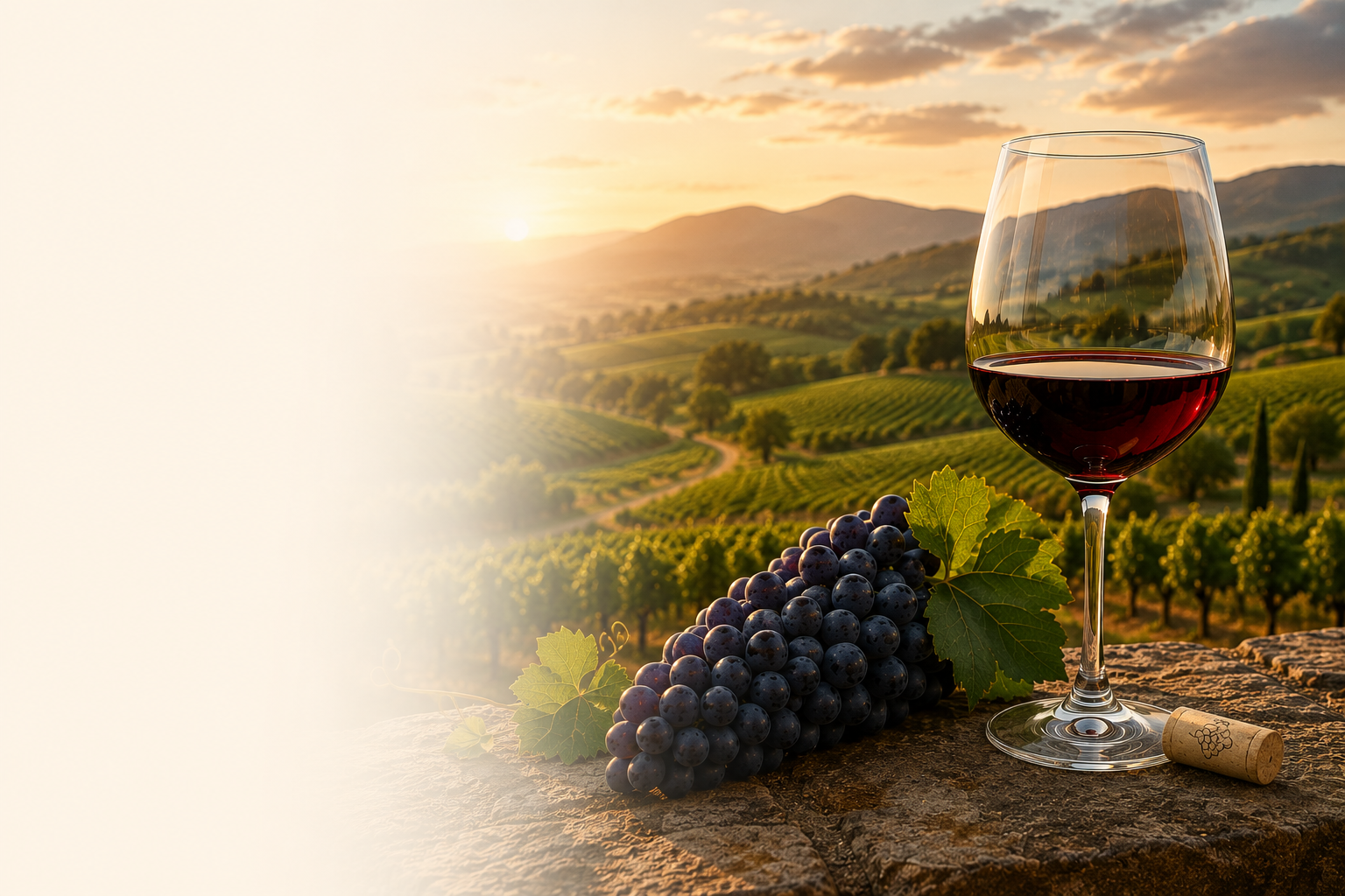 Wine glass and Cabernet Sauvignon grapes overlooking wine country